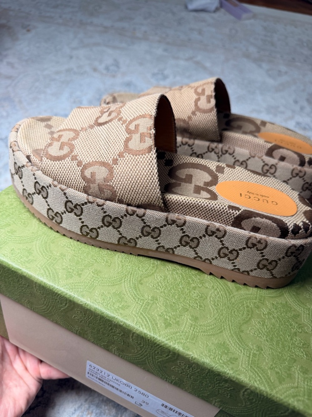 Gucci Camel & Ebony GG Canvas Platform Slides - Picture 7 of 15